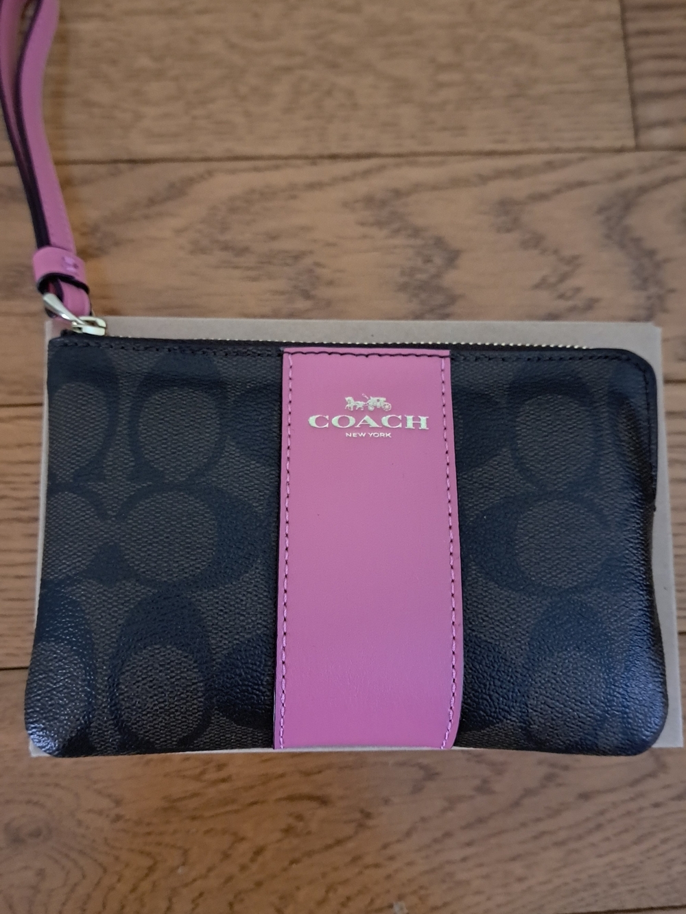 Coach Black Signature Canvas Wristlet with Pink Leather Stripe
